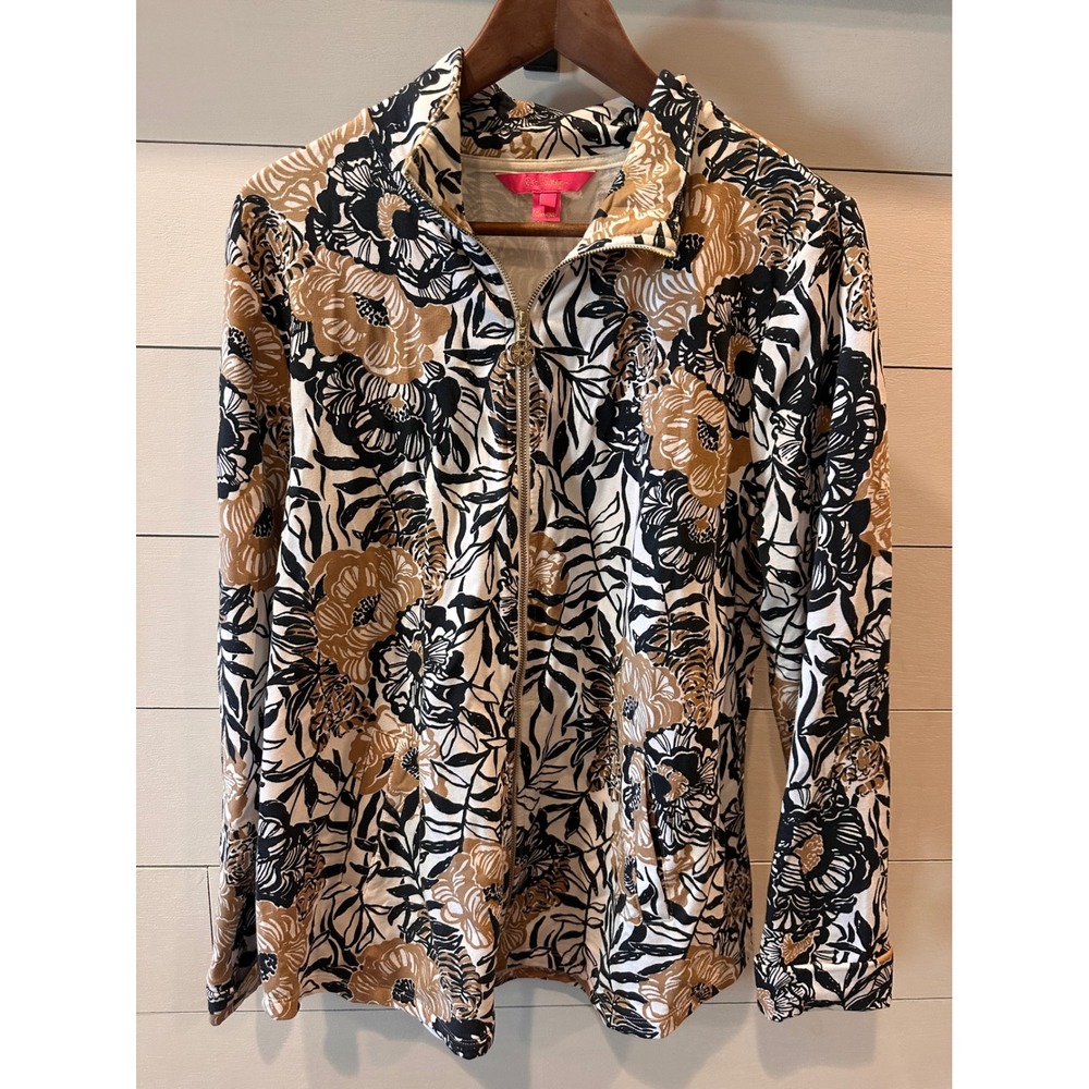 Lilly Pulitzer Floral Full Zip Jacket Black Tan White French Terry Logo Pull L
